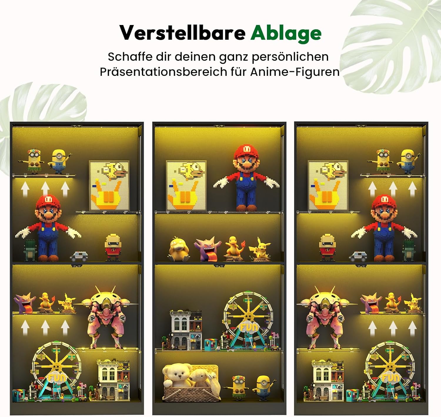 Glasvitrine Stehend 175 cm mit RGB-LED Beleuchtung – Höhenverstellbarer Vitrinenschrank mit Sicherheitstemperglas & Magnetverschluss | Für Sammlungen im Wohnzimmer (Schwarz)
