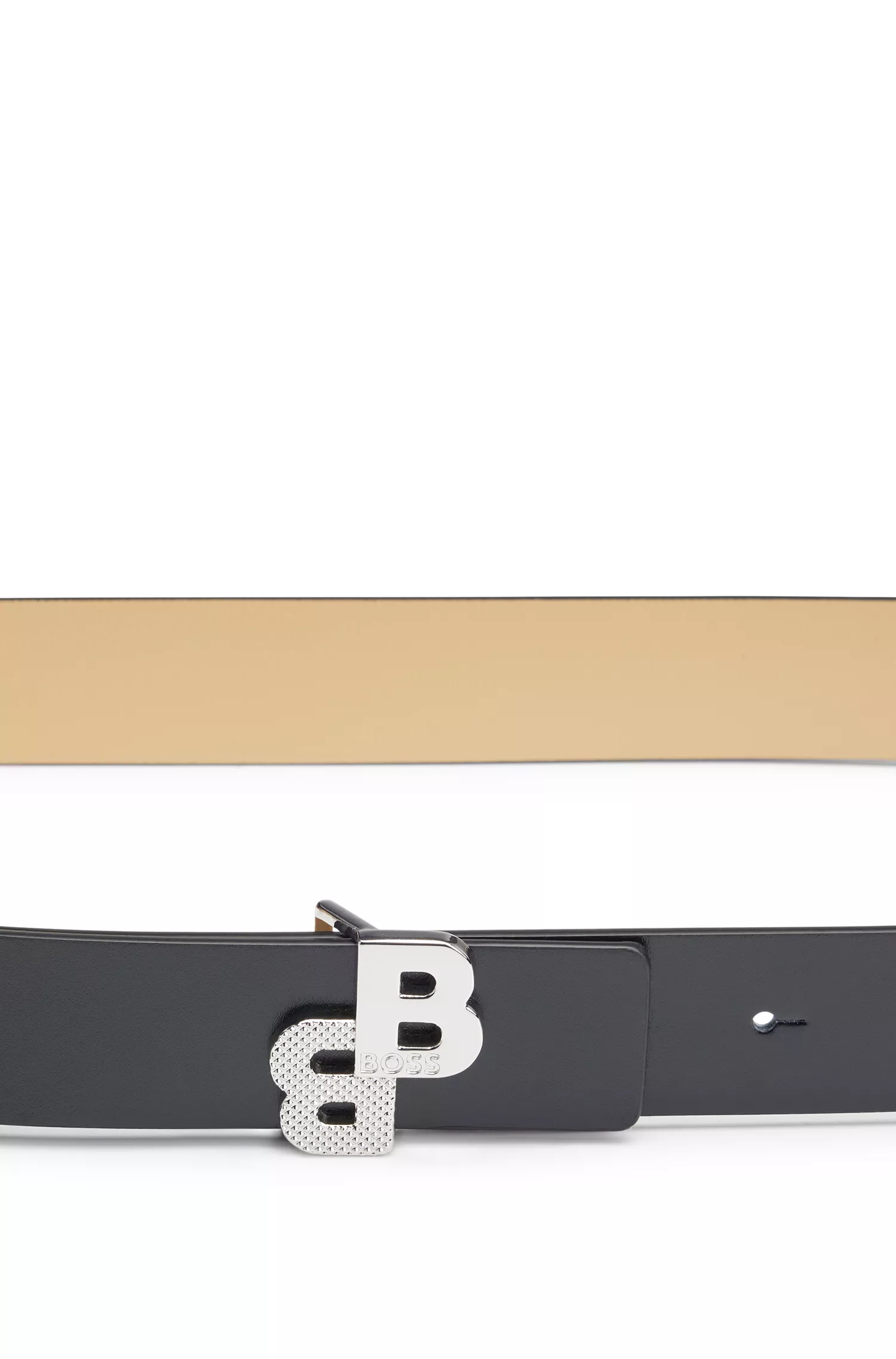 Cinto BOSS preto reversível em couro italiano com fivela monogramada.
