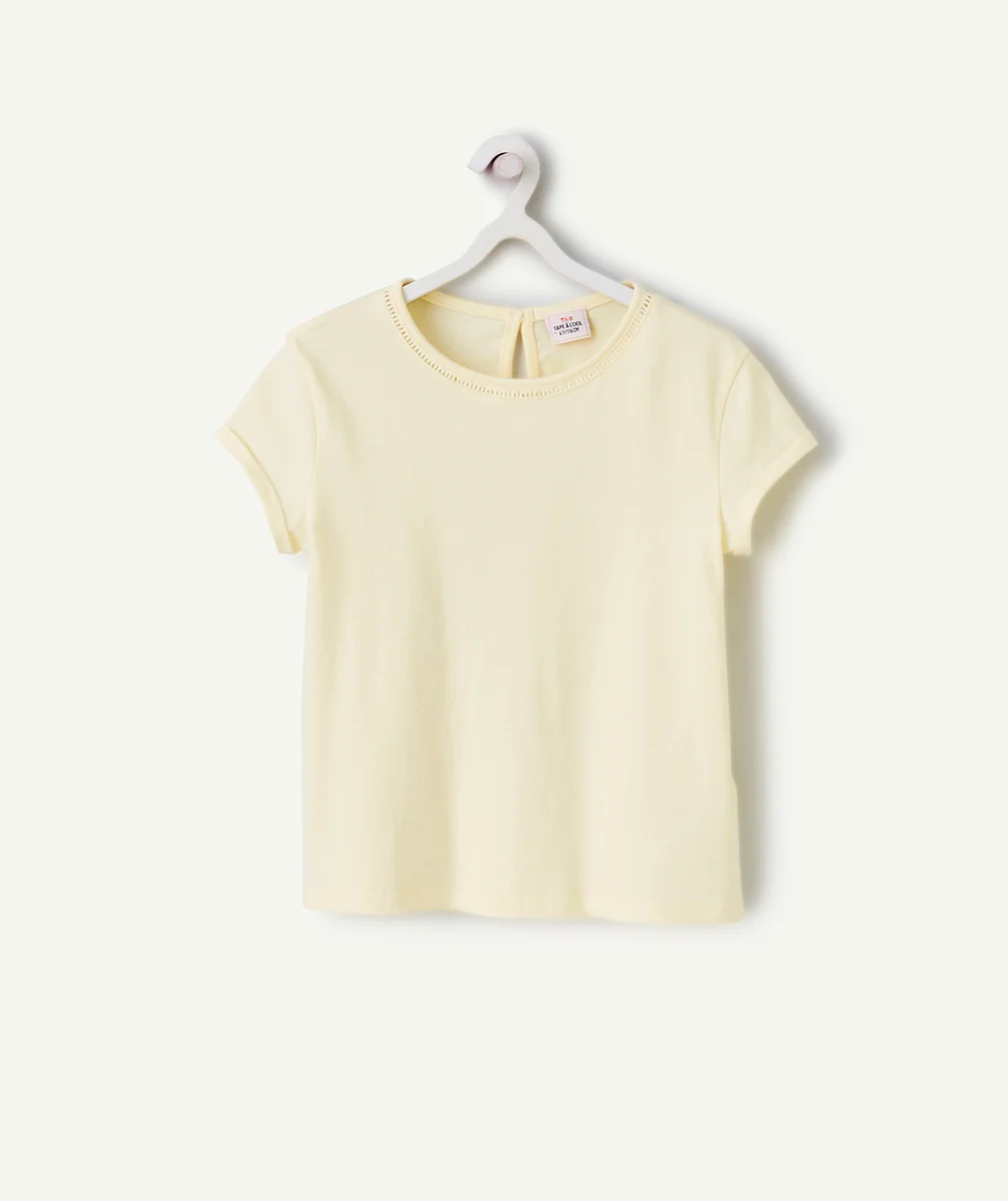 T-SHIRT MANCHES COURTES FILLE EN COTON BIO JAUNE PÂLE AJOURÉ
