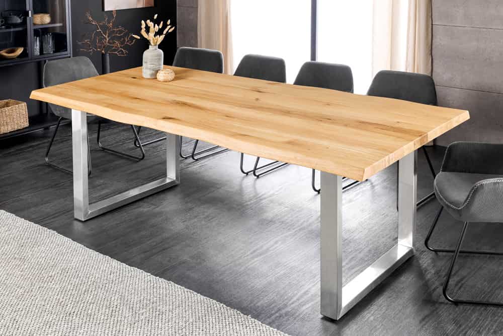 Massiver Esstisch WILD OAK 160cm natur silber Wildeiche Baumkante Edelstahl U-Gestell