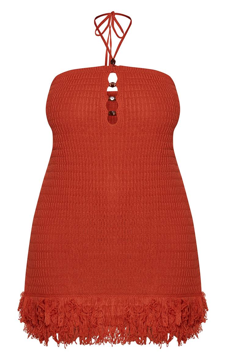 Rouille Robe Mini Grande Taille Tricotée À Col Licou Avec Détails De Perles Et Franges