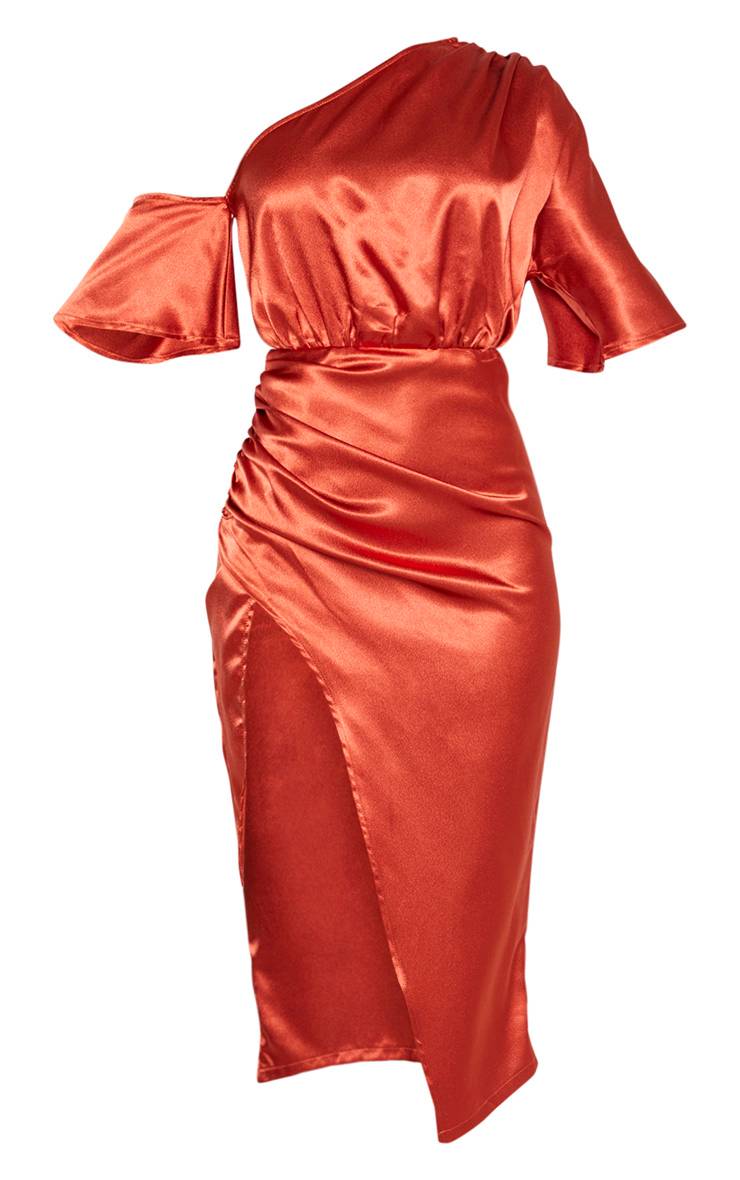 Rouille Robe Midi En Satin À Une Épaule Avec Jupe Froncée