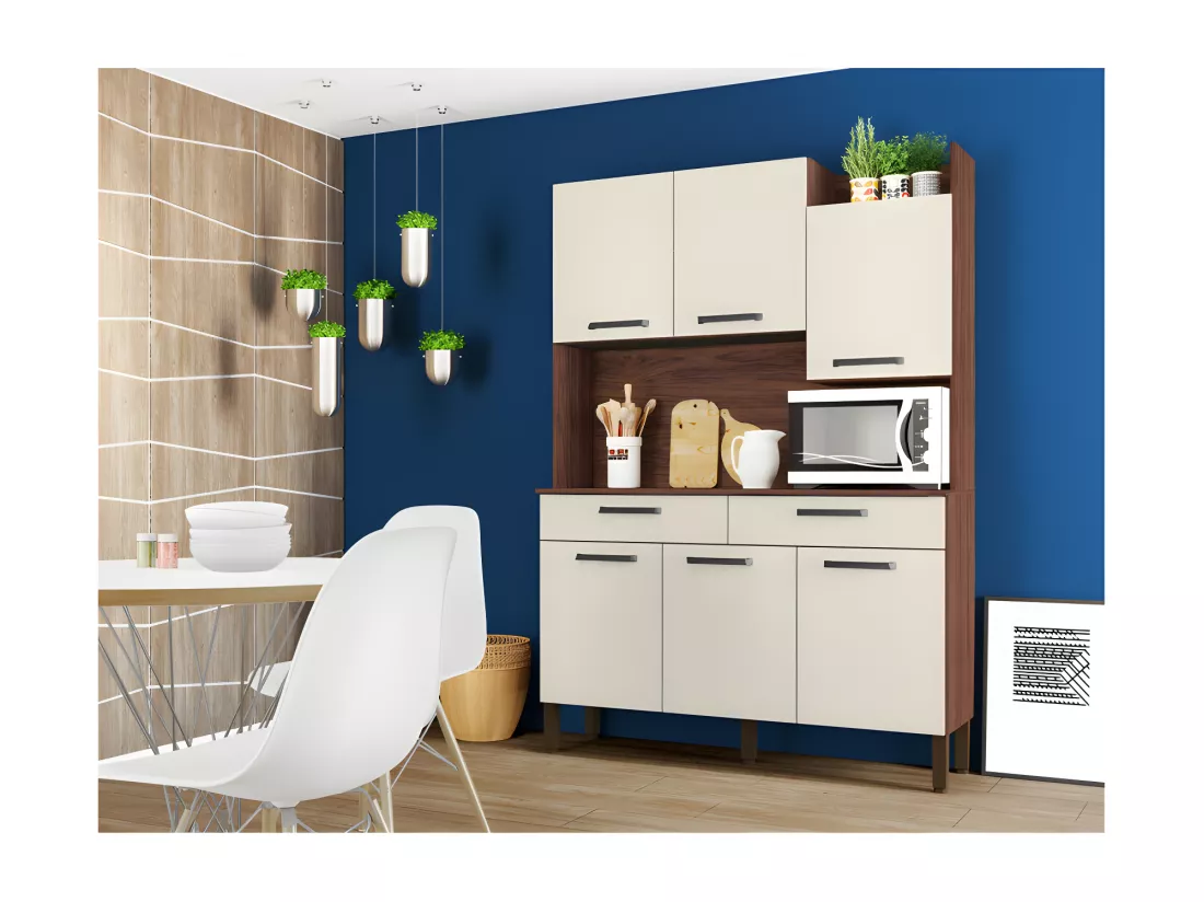 Buffet de Cuisine 6 Portes 2 Tiroirs Noyer Blanc 10 Niches L 132 H 186 P 38.8 cm