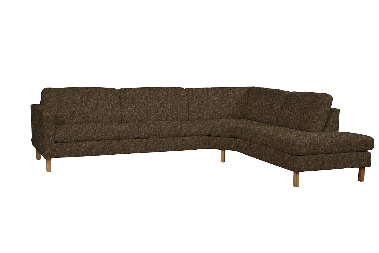 Mandal hjørnesofa Oppsett RHB. 3-seter med åpen ende høyre. Big hjørnemodul. Tekstil Tweng 599 Brown. Arm 16, Duo puter, Firkantet ben 16 cm Natur. Skum