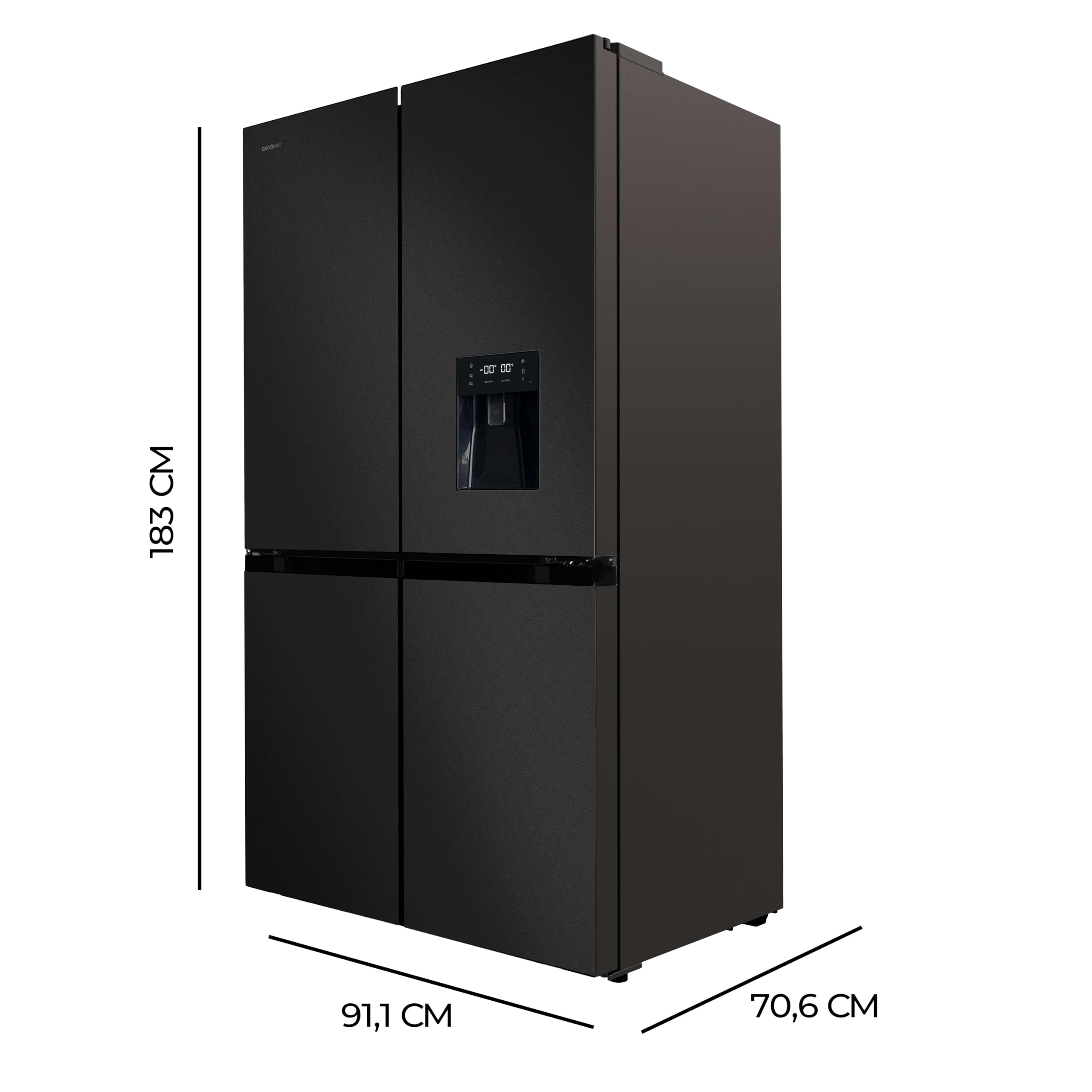Cecotec Réfrigérateur Américain 4 Portes Dark de 564 L Bolero CoolMarket 4D 564 Dark E. 183 cm de Hauteur, 91 cm de Largeur, Distributeur d'Eau, Moteu