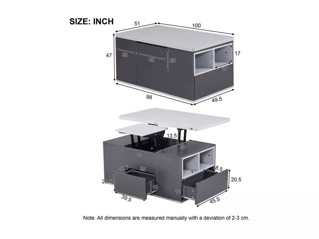 Table basse relevable 2 plateaux 3 tiroirs blanc et gris foncé SCODS