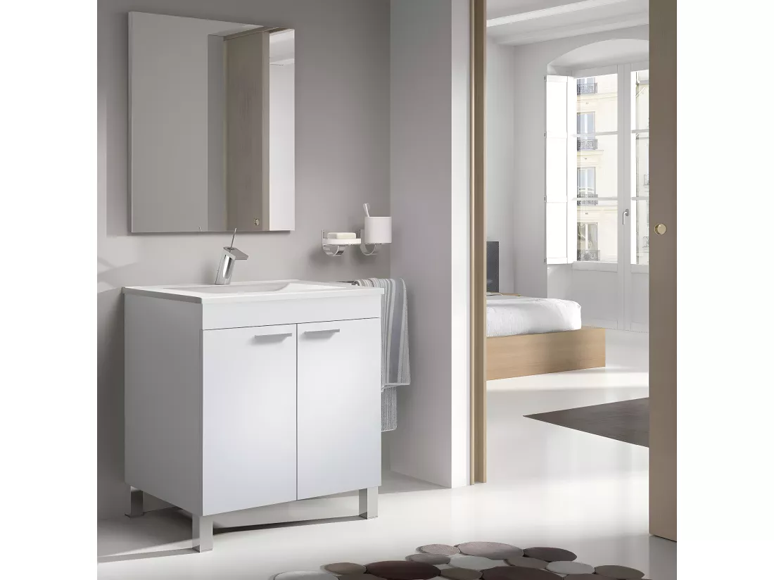 Meuble salle de bain Sous-vasque 60 cm avec 2 portes + Miroir coloris blanc brillant - H80 x Longueur 60 x Profondeur 45 cm