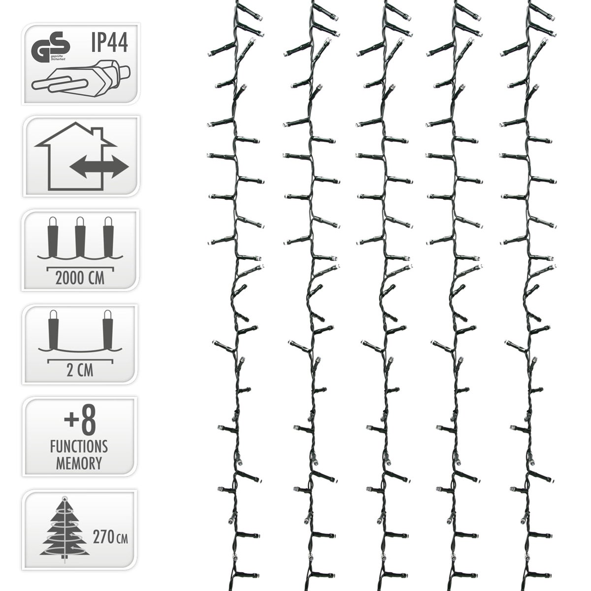 ECD Germany LED-lichtsnoer, 20 m lang, 1000 LED's, koel wit, 3 m stroomkabel, IP44, clusterlichtsnoer, boslampjes voor kerstboom, kerstverlichting, voor binnen- en buitengebruik