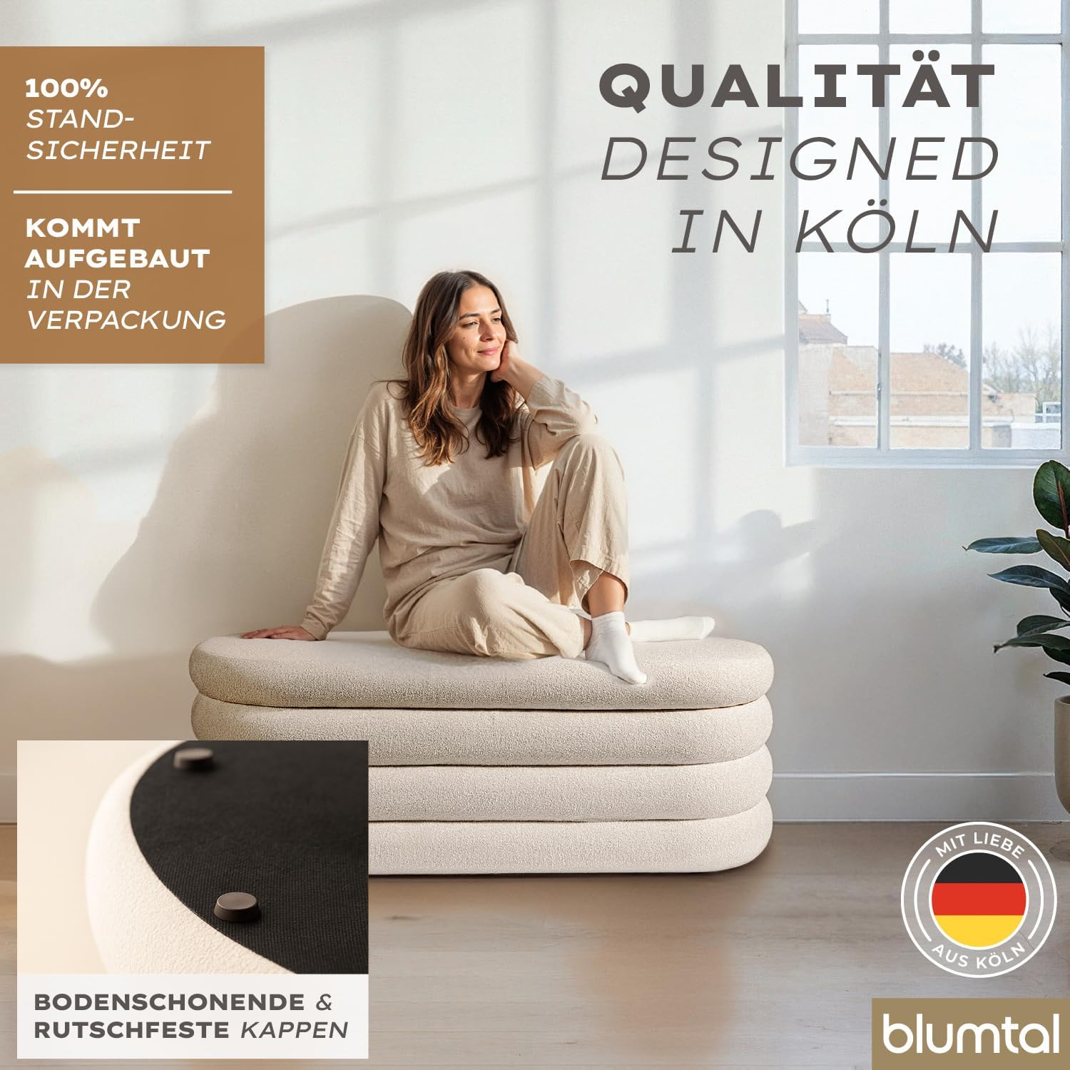 Blumtal Sitzbank mit Stauraum XL oval, Bouclé-Bezug - robuste Truhenbank mit Stauraum & Bouclé-Stoff-Bezug 110 x 45 x 42.5 cm - Truhe mit Stauraum - Schuhbank mit Sitzfläche - Pouf Hocker Creme
