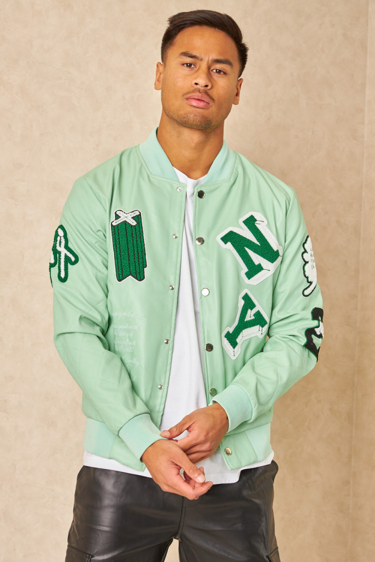 Bomber en simili cuir vert clair brodée 