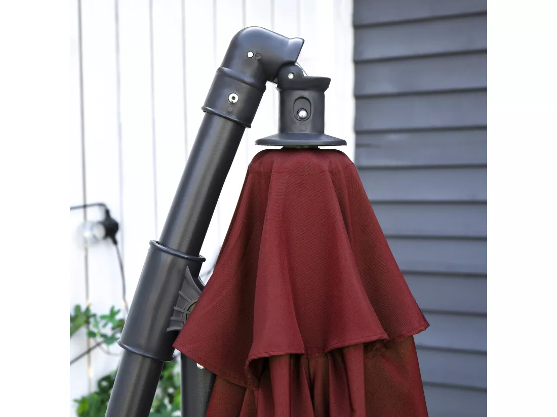 Parasol déporté octogonal inclinable manivelle pied acier Ø 3 x 2,5H m bordeaux