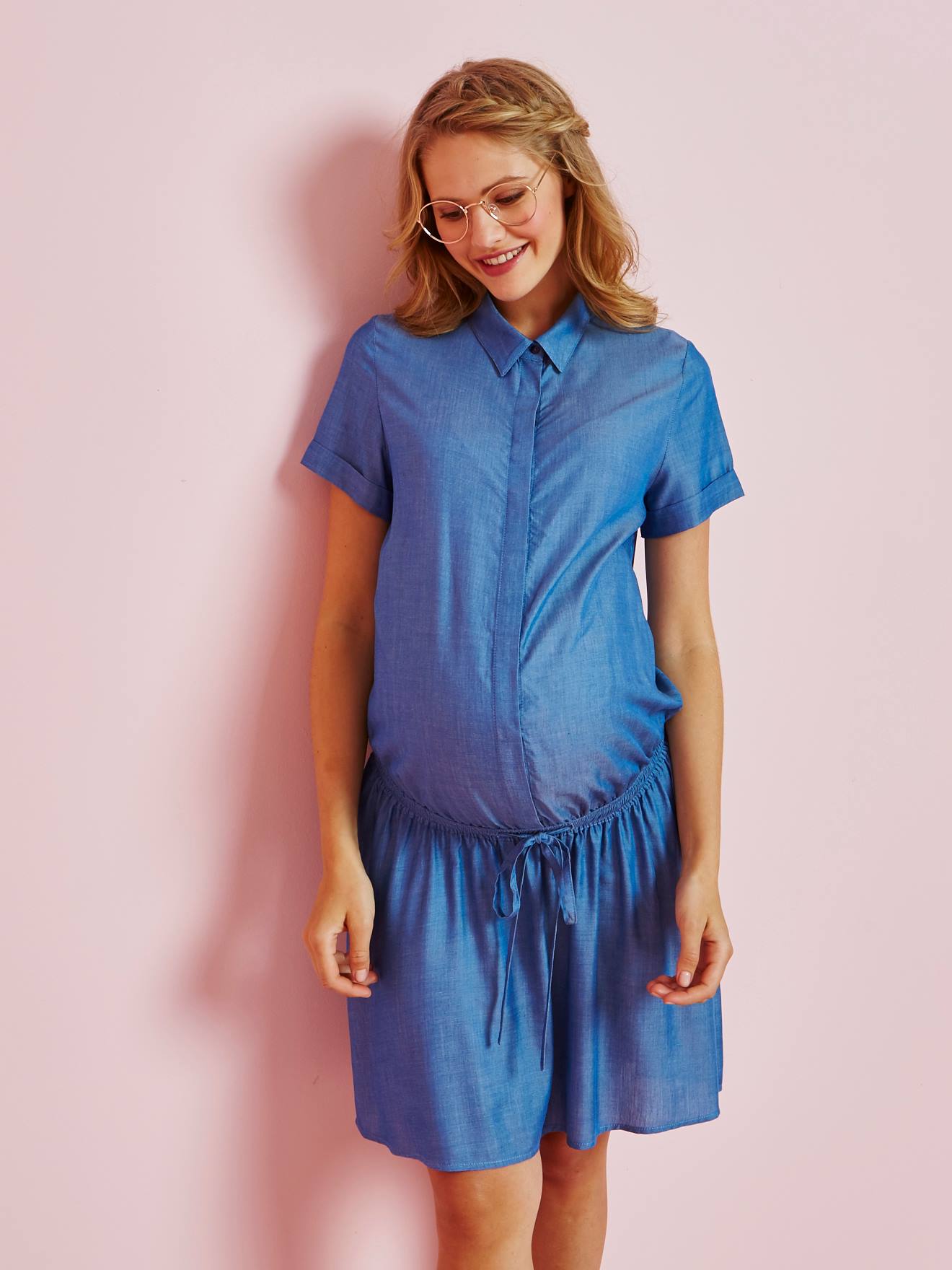 vestido camisa de maternidade azul claro liso