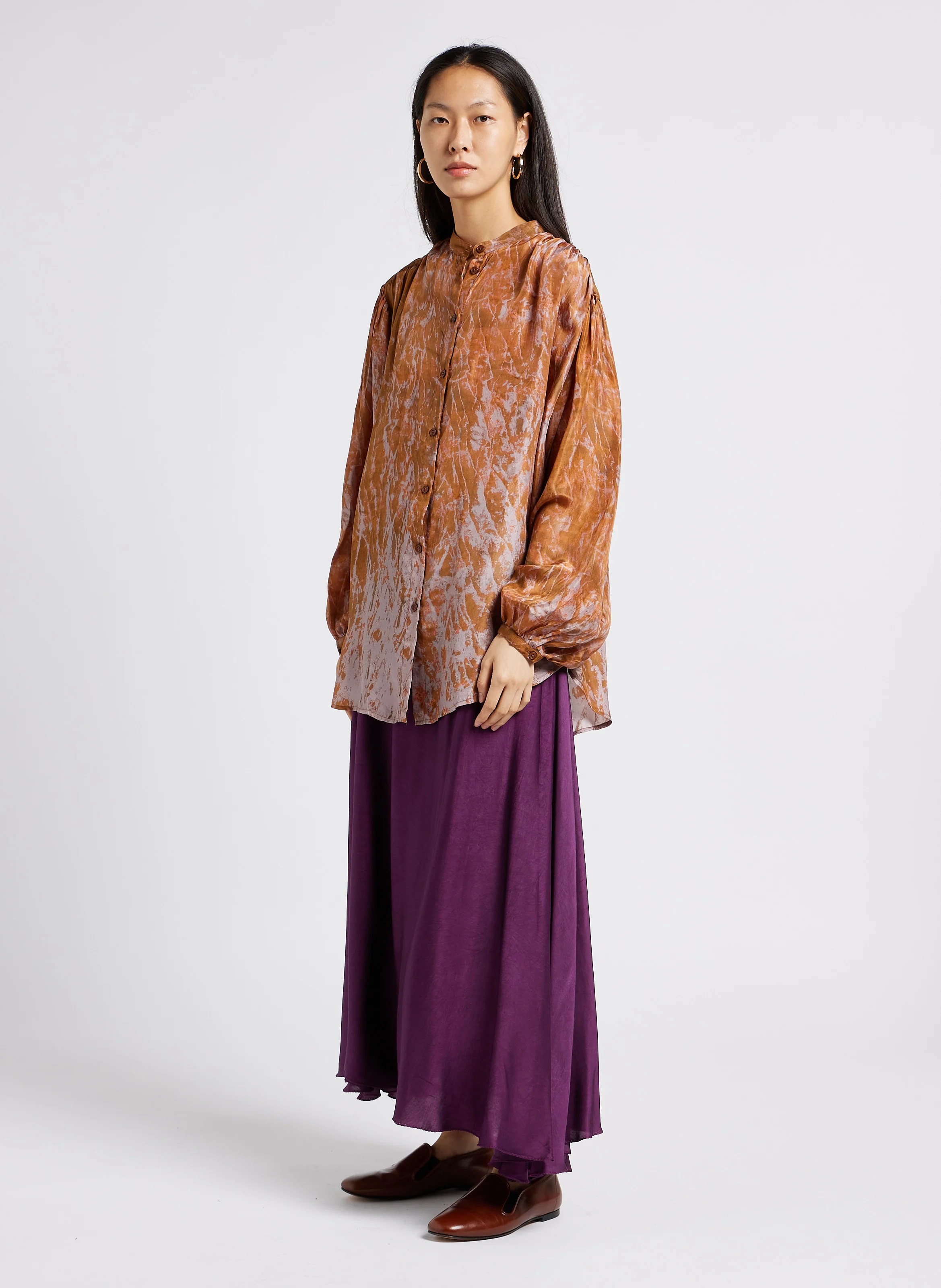 SELENITE - Chemise col mao en soie imprimée | Orange