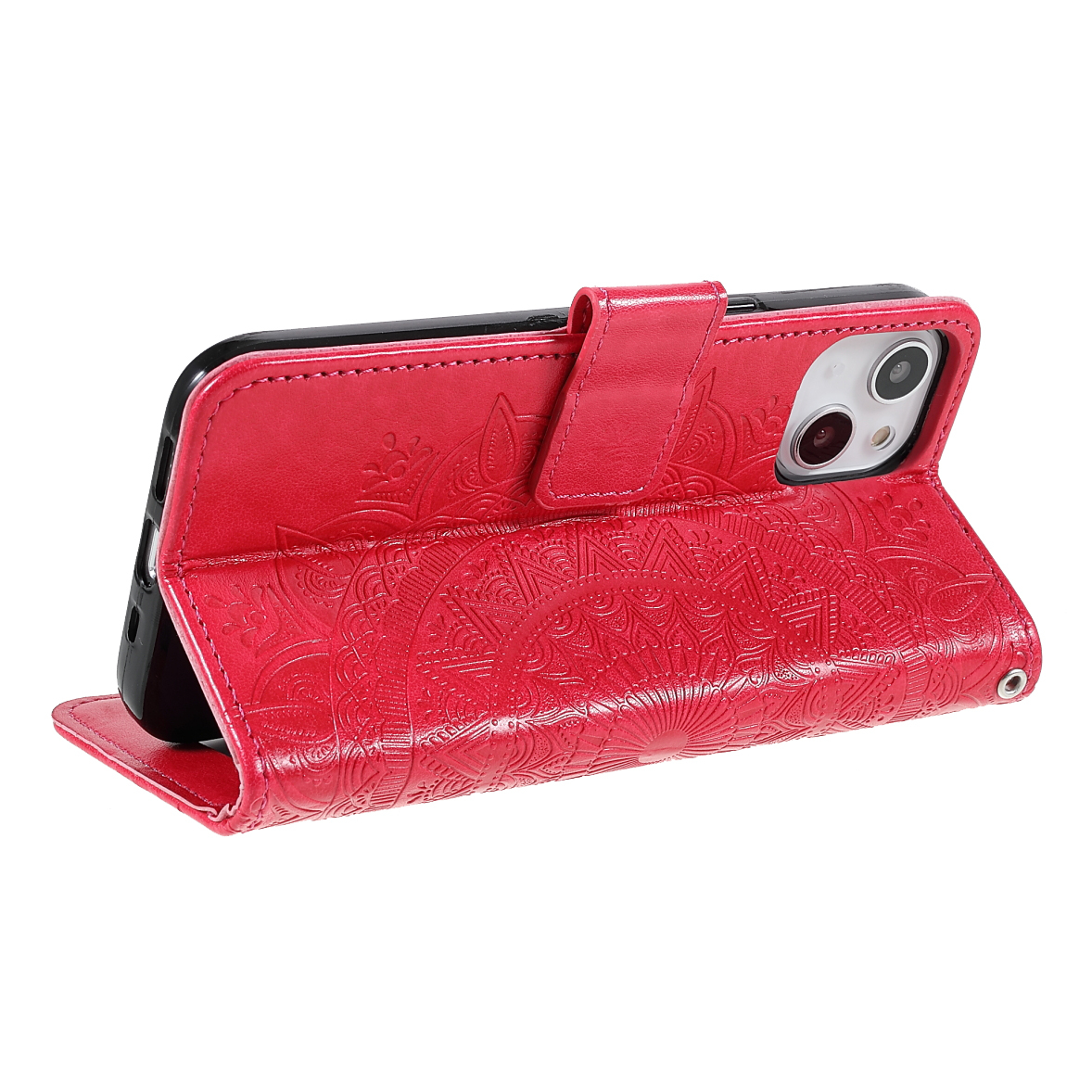 iPhone 13 Leder Tasche Wallet - Mandala Flowers Imprint - Rot / Pink