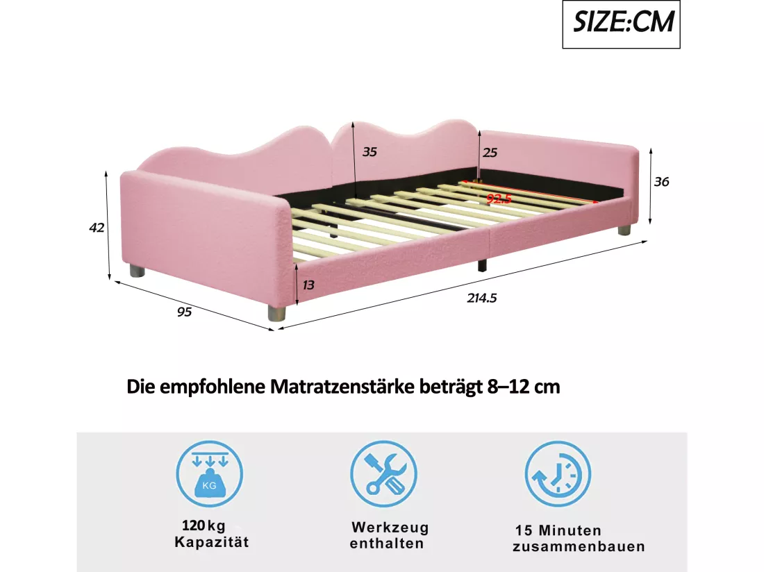 Lit banquette capitonné - 90 x 200 cm - 2 tiroirs - tissu peluche - sommier à lattes - pour enfant ou bébé - rose