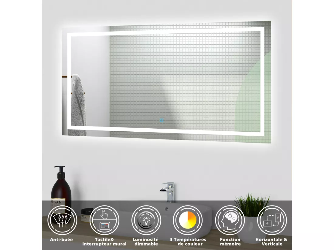Miroir de salle de bain lumineux l.120 x H.80cm avec Anti-buée + 3 Couleurs + Dimmable, Mural Miroir lumineux