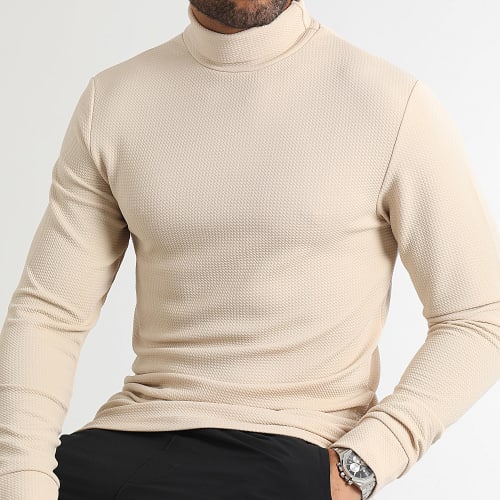 Pull Col Roulé Texturé Waffle 0536 Beige Clair