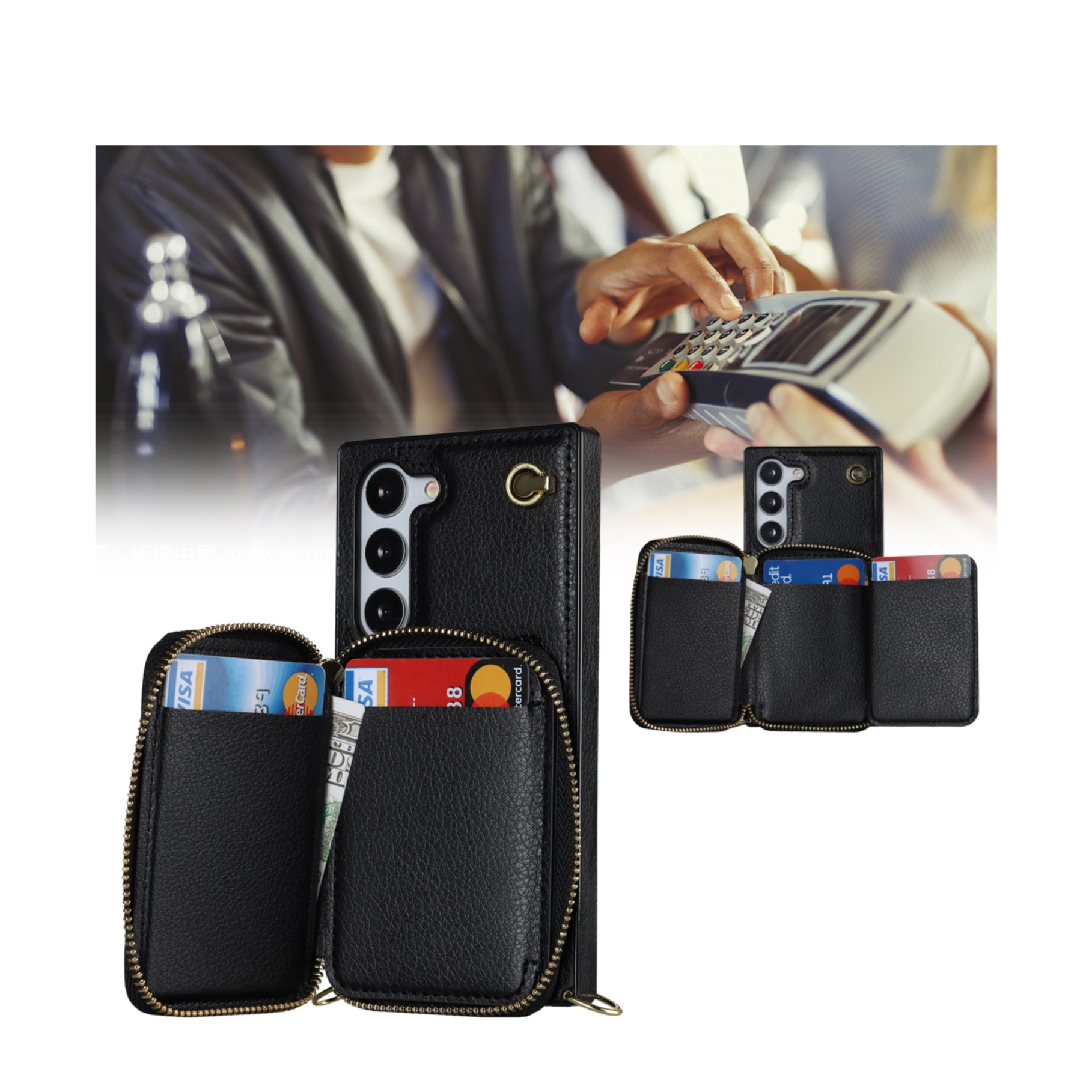 Samsung Galaxy S23 5G Necklace Leder Schutz Hülle mit Kartenfächer   Handykette (140cm) - Schwarz