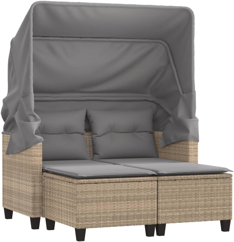 vidaXL Gartensofa 2-Sitzer mit Dach Hockern, Outdoor Sofa Gartenmöbel, Garten Lounge Set Terrasse, Terrassenmöbel Zweisitzer, Beige Poly Rattan