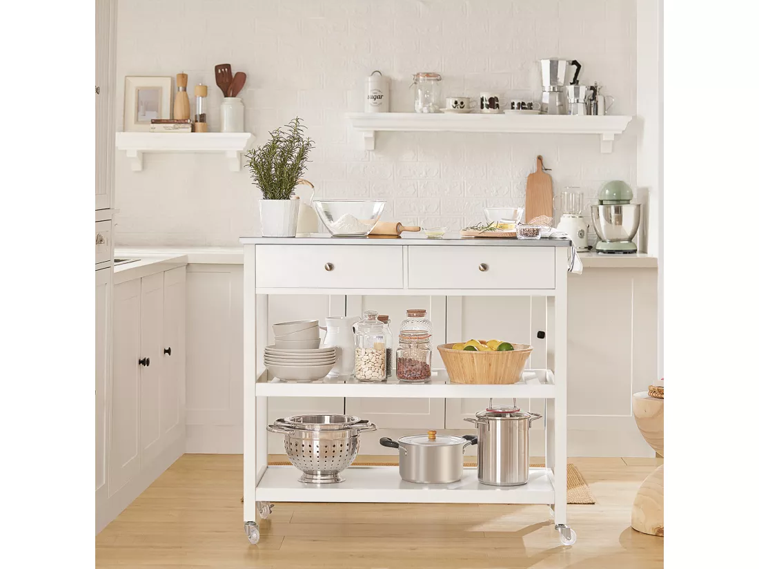 Desserte roulante Chariot de cuisine de 2 étages avec grand plan de travail en Acier Inox, FKW47-W