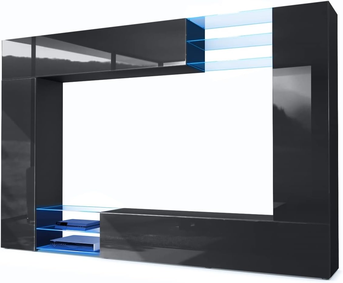 Vladon Wohnwand Mirage, Made in Germany, Anbauwand mit Rückwand mit 2 Türen, 2 Klappen und 6 offenen Glasablagen, Schwarz matt/Schwarz Hochglanz, inkl. LED-Beleuchtung (262 x 183 x 39 cm)