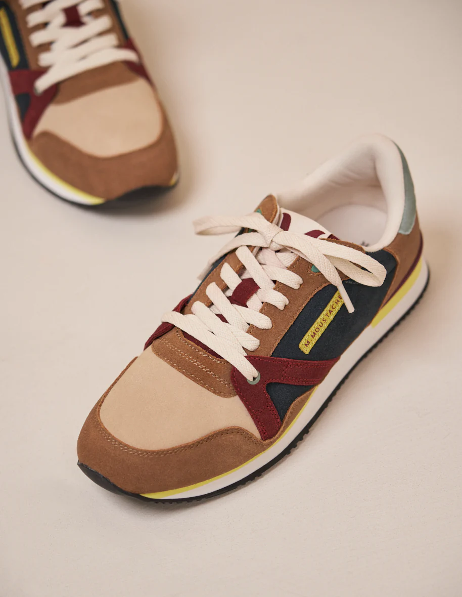 Baskets basses André - Suède taupe crème bordeaux