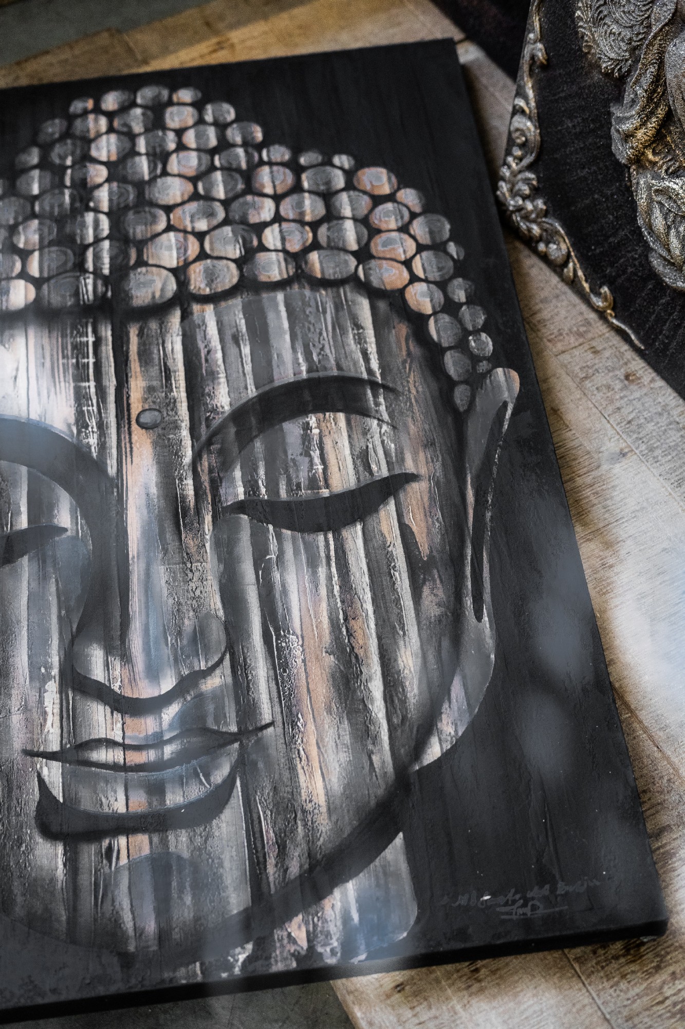 Gemälde 'Wooden Buddha' auf Leinwand, schwarz / braun, H 120 cm, B 80 cm, T 4 cm von fischer's lagerhaus