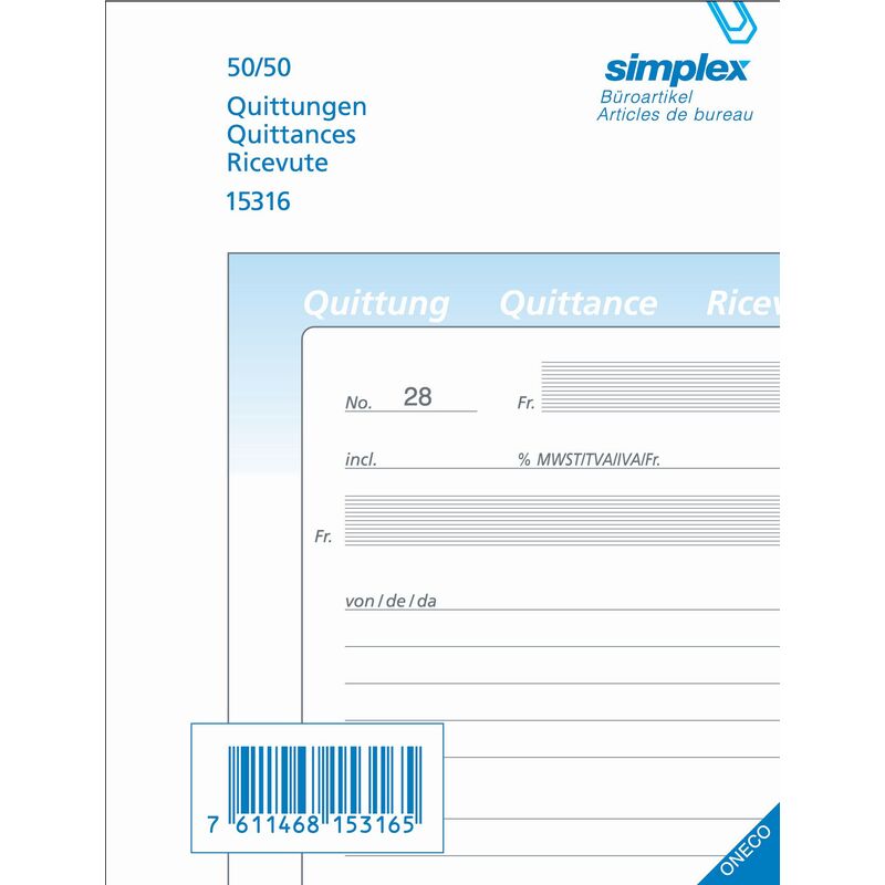 Simplex Durchschreibeblock Quitttung, 50/50, A6, weiss