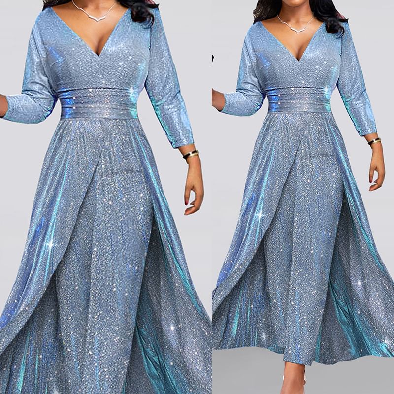 Lexama - 3/4-mouw V-hals glitter jumpsuit