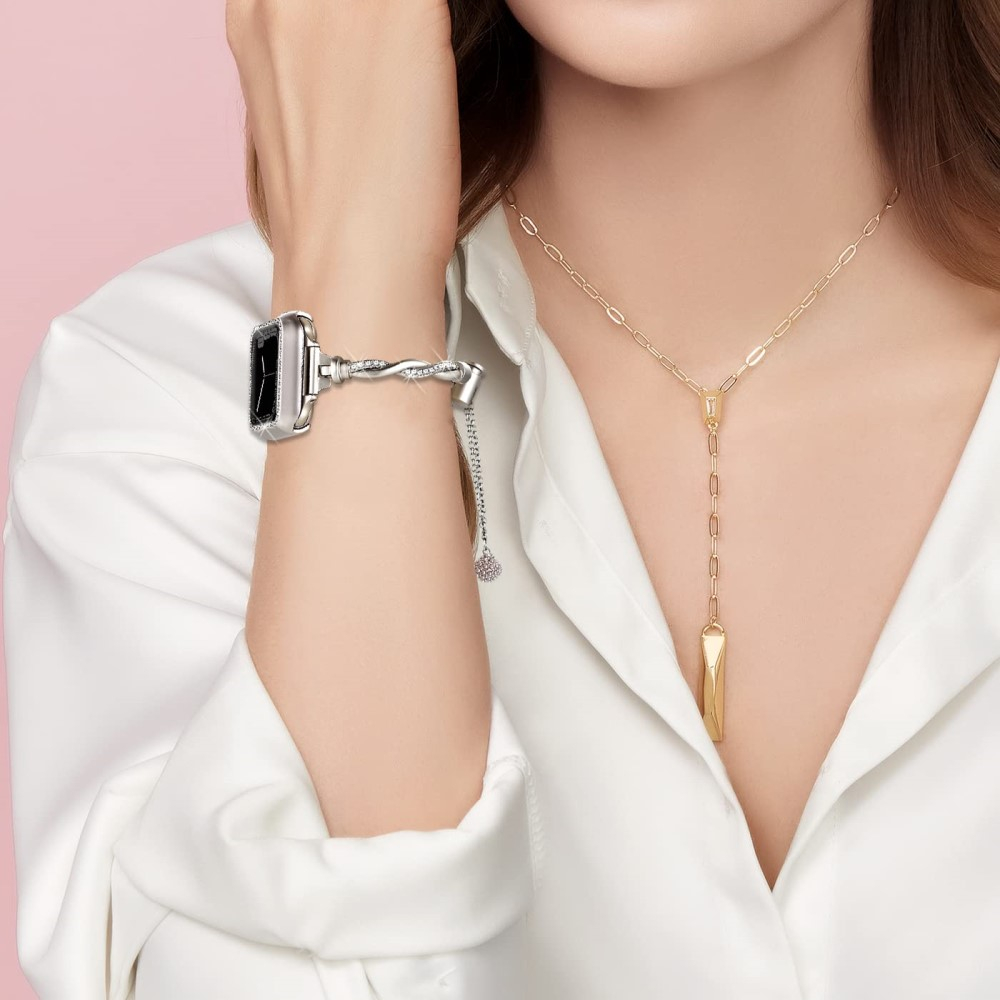 Apple Watch (42/41/40/38mm) Edelstahl Schmuckarmband mit Glitzersteinen und Schiebeknoten-Verschluss (Gelenkumfang: 160-220mm) - Champagner