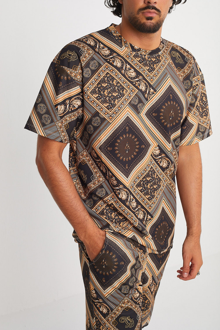 Ensemble 2 pièces t-shirt + short noir à motif baroque