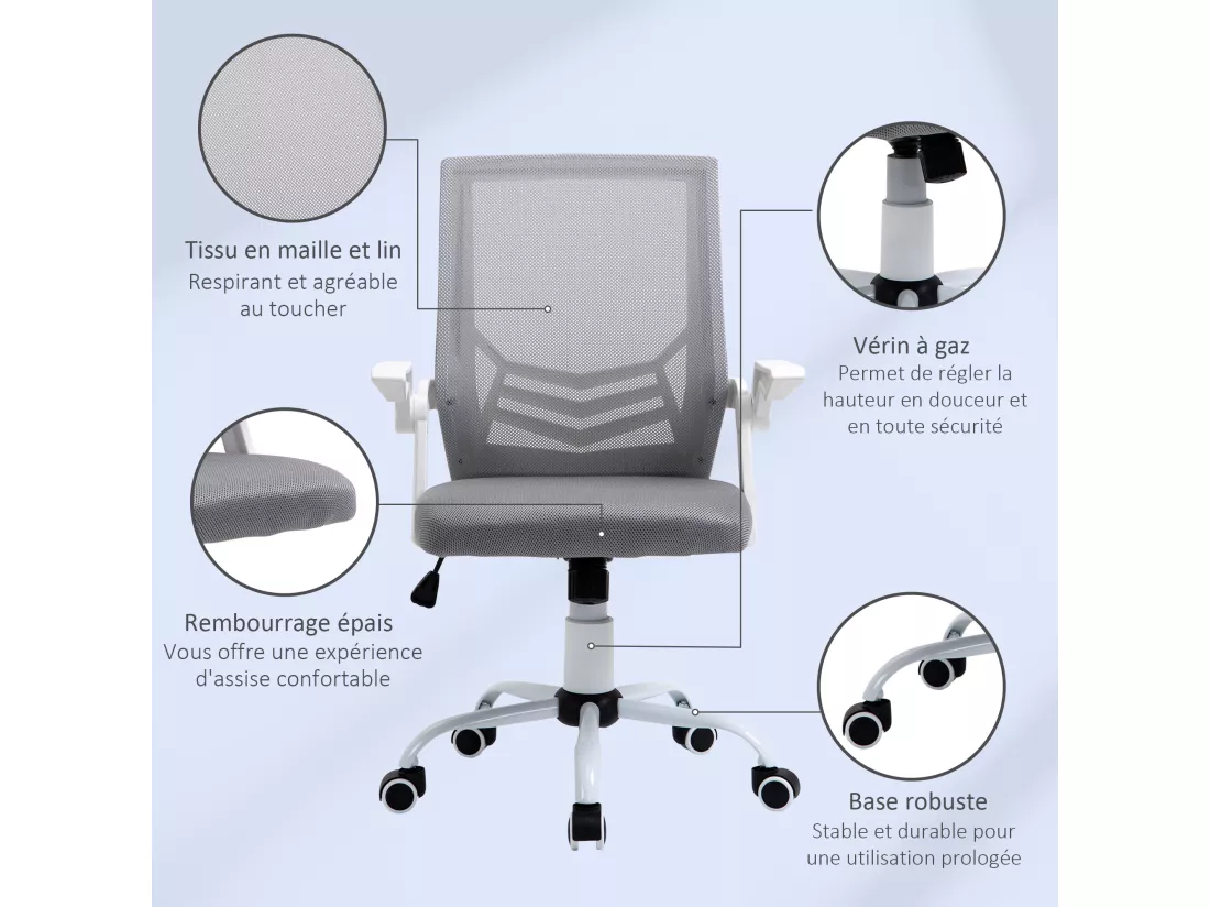 Vinsetto Chaise de bureau ergonomique support lombaires hauteur réglable pivotante 360° accoudoirs relevables polyester maille gris