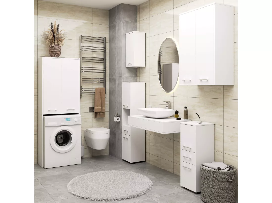 Meuble pour machine à laver FIN Blanche 64 cm 2 portes façade Blanche 4 étagères 64x30x180 cm