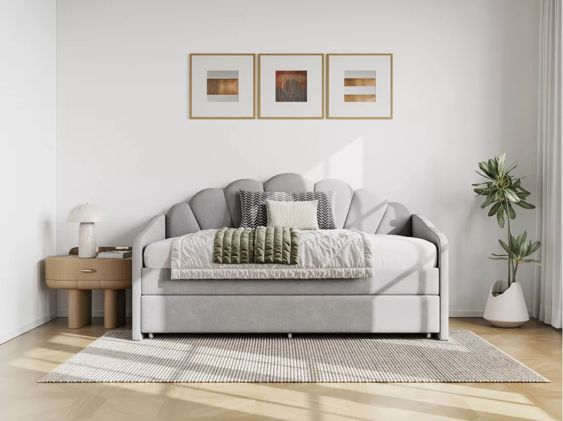 Lit gigogne coquillage 2 x 90 x 190 cm - Velours - Gris clair + Matelas - ELUSIA