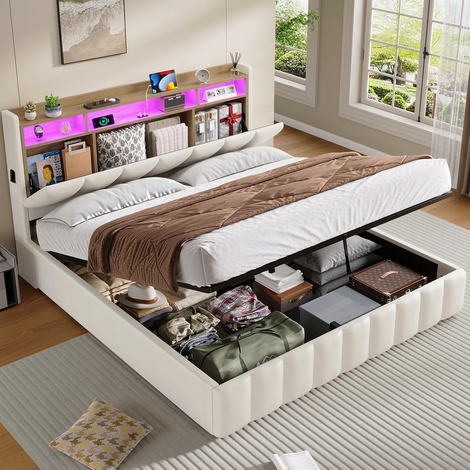Bett mit LED Beleuchtung, Hydraulisches Bett 160 x 200 cm, Polsterbett, Regalkopfteil mit Stauraum, Bettgestell mit Lattenrost, bequem, für Schlafzimmer, Gästezimmer, PU Weiß