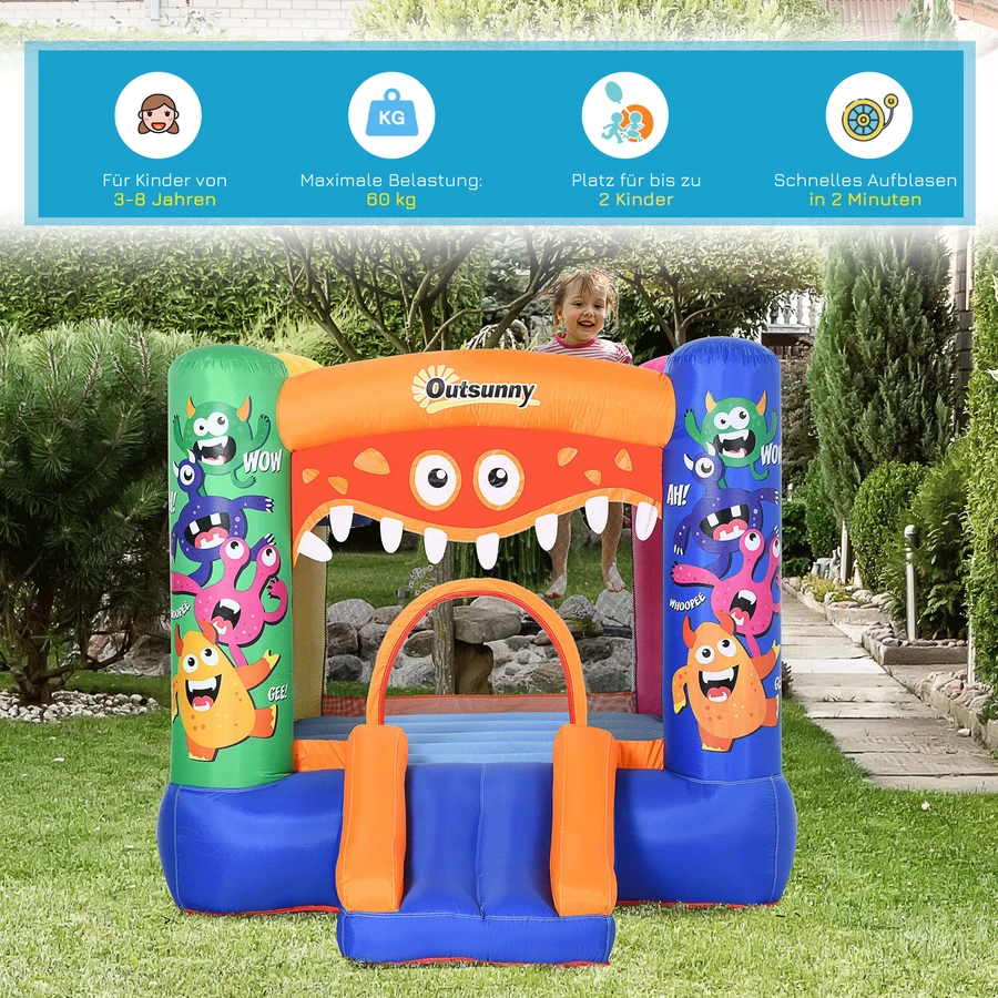 Outsunny Hüpfburg mit Rutsche  und Monster Design bunt