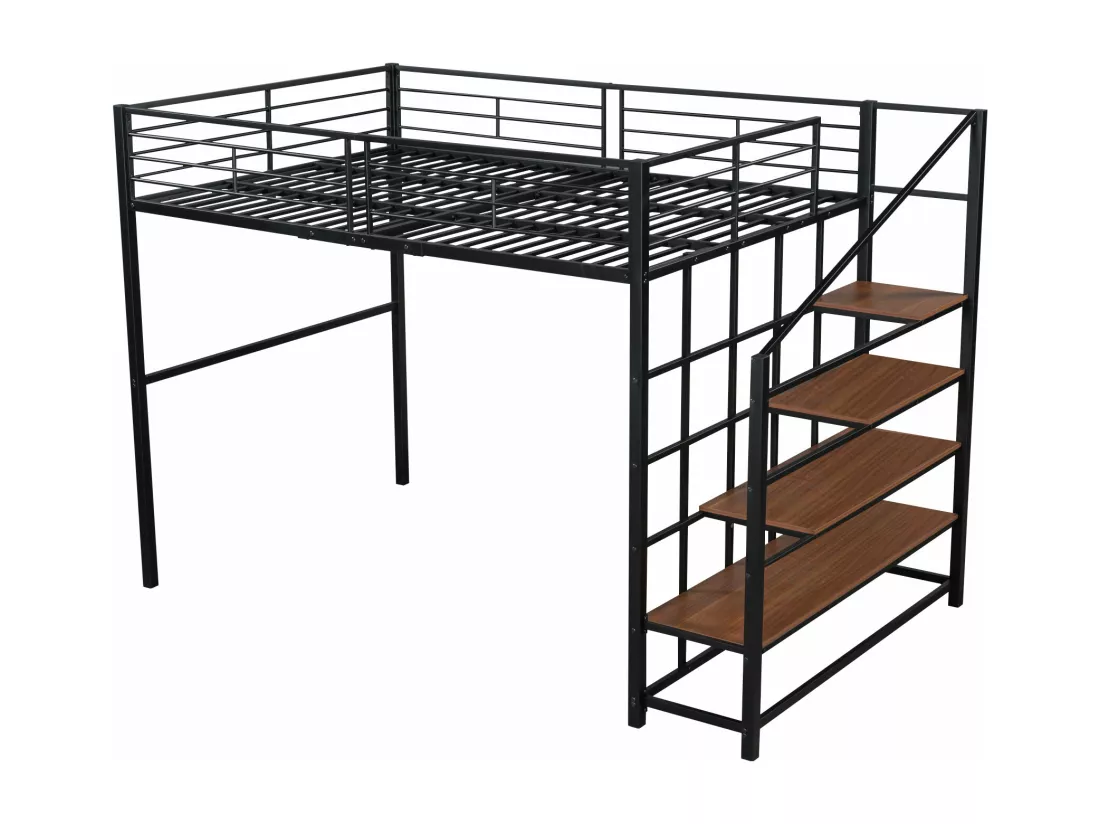 Lit mezzanine 140x200cm en métal - avec étagères et échelle de sécurité - Noir (matelas non inclus)