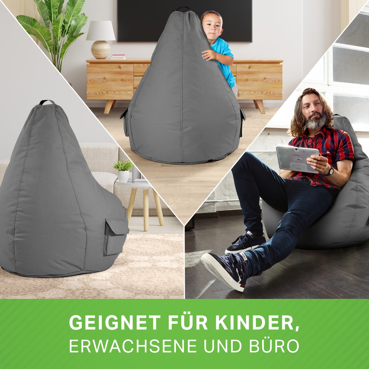 Green Bean Zitzak met rugleuning 80x70x90cm - Gaming stoel met 230L vulling, comfortabel, zacht, wasbaar - Zitzak vloerkussen, loungestoel, voetenbank, relaxstoel, gamerstoel, grijs