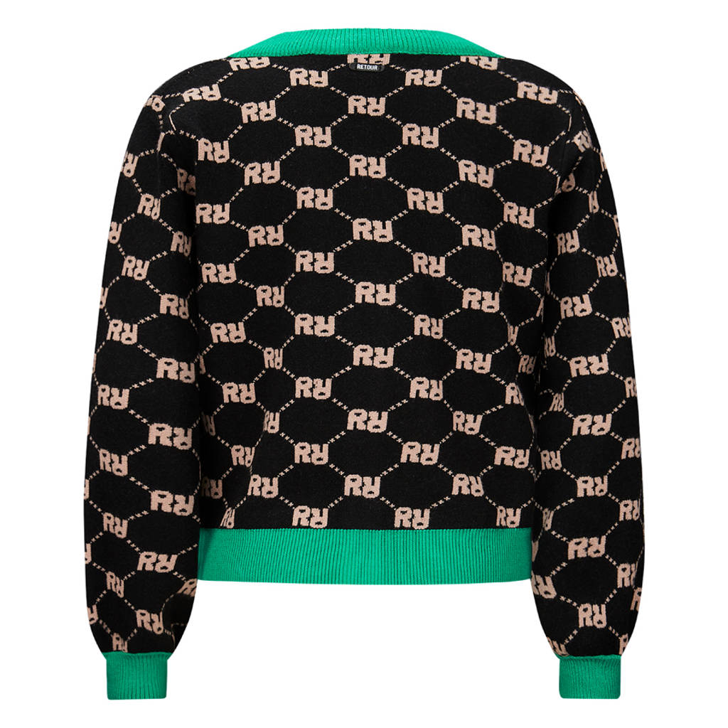 Retour Jeans gebreid vest Fayenne met all over print zwart/groen/zand