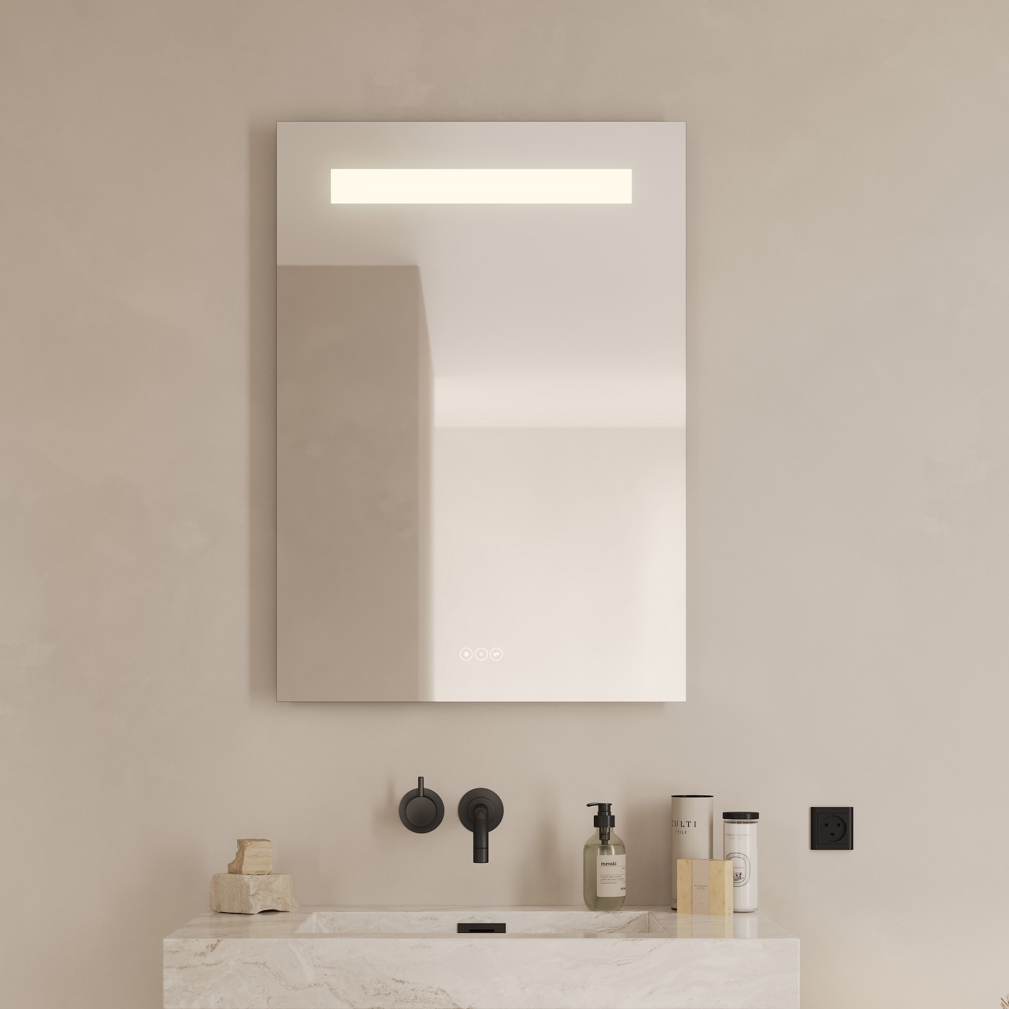 Loevschall Badspiegel »Lökken Quadratisch, Badzimmerspiegel mit LED Beleuchtung, Lichtspiegel« Touchpanel für Lichtsteuerung, Verstellbarer Spiegel, Dänisches Design