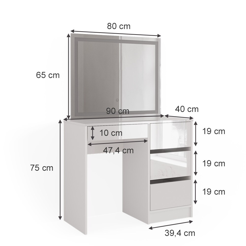 Vicco Schminktisch Sherry 90x75cm, Weiß Hochglanz, Kosmetiktisch mit LED-Spiegel
