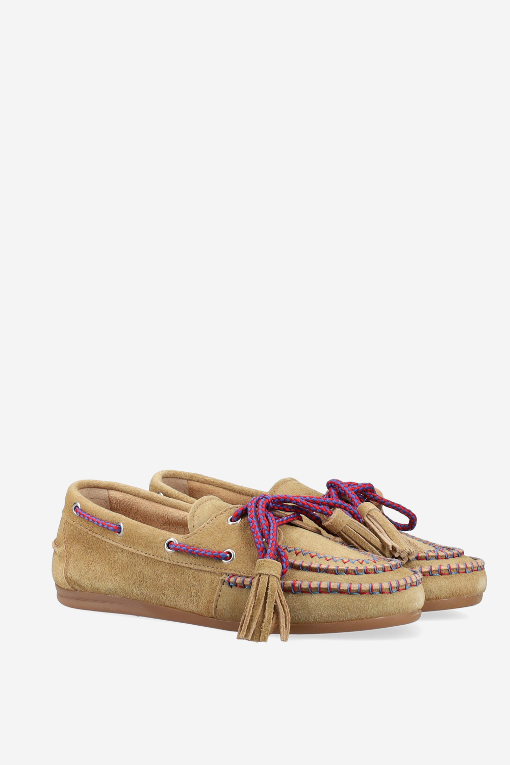 Boat fringe coloured stitch suede loafers