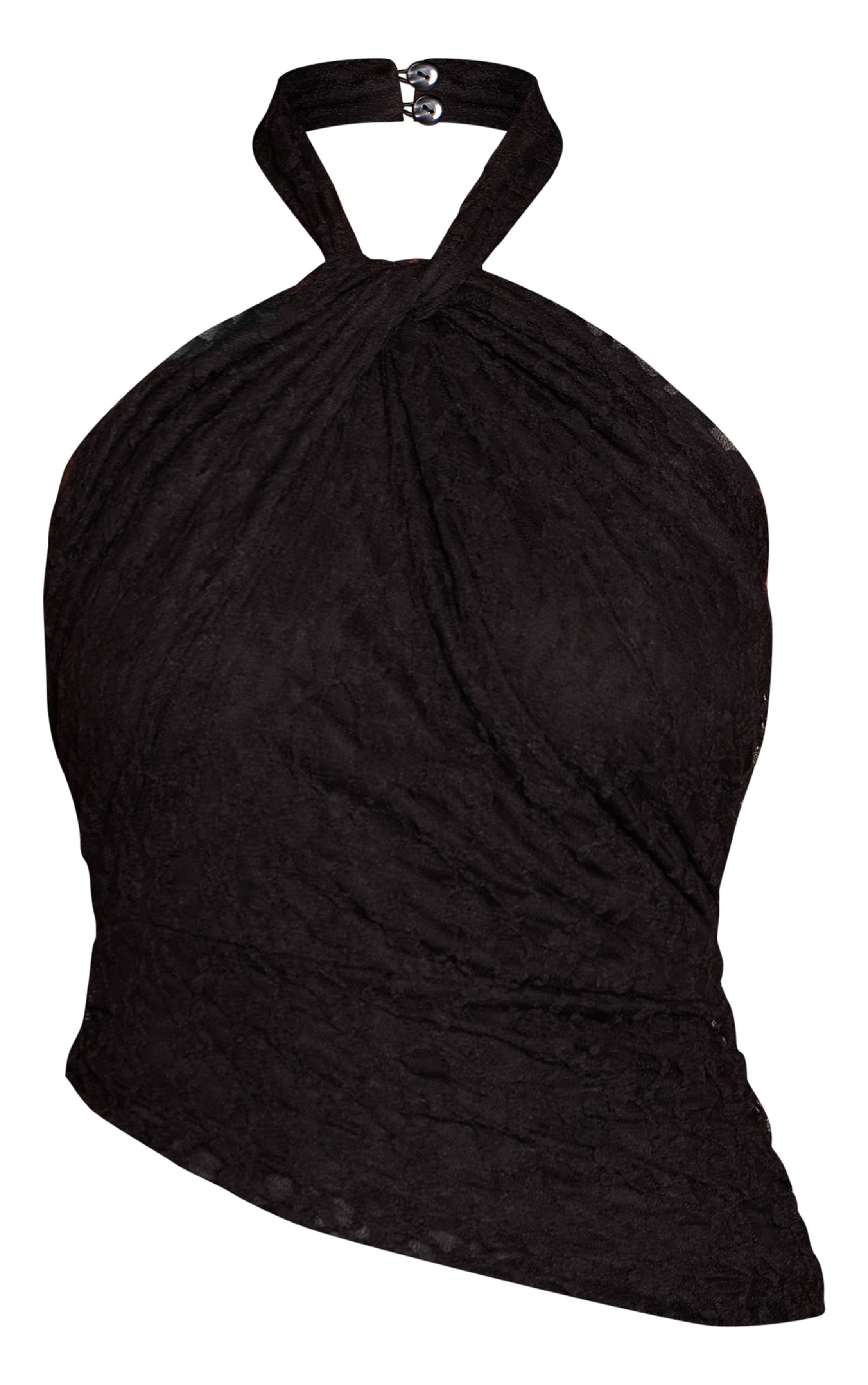 Noir Haut Asymétrique À Col Licou Torsadé En Dentelle
