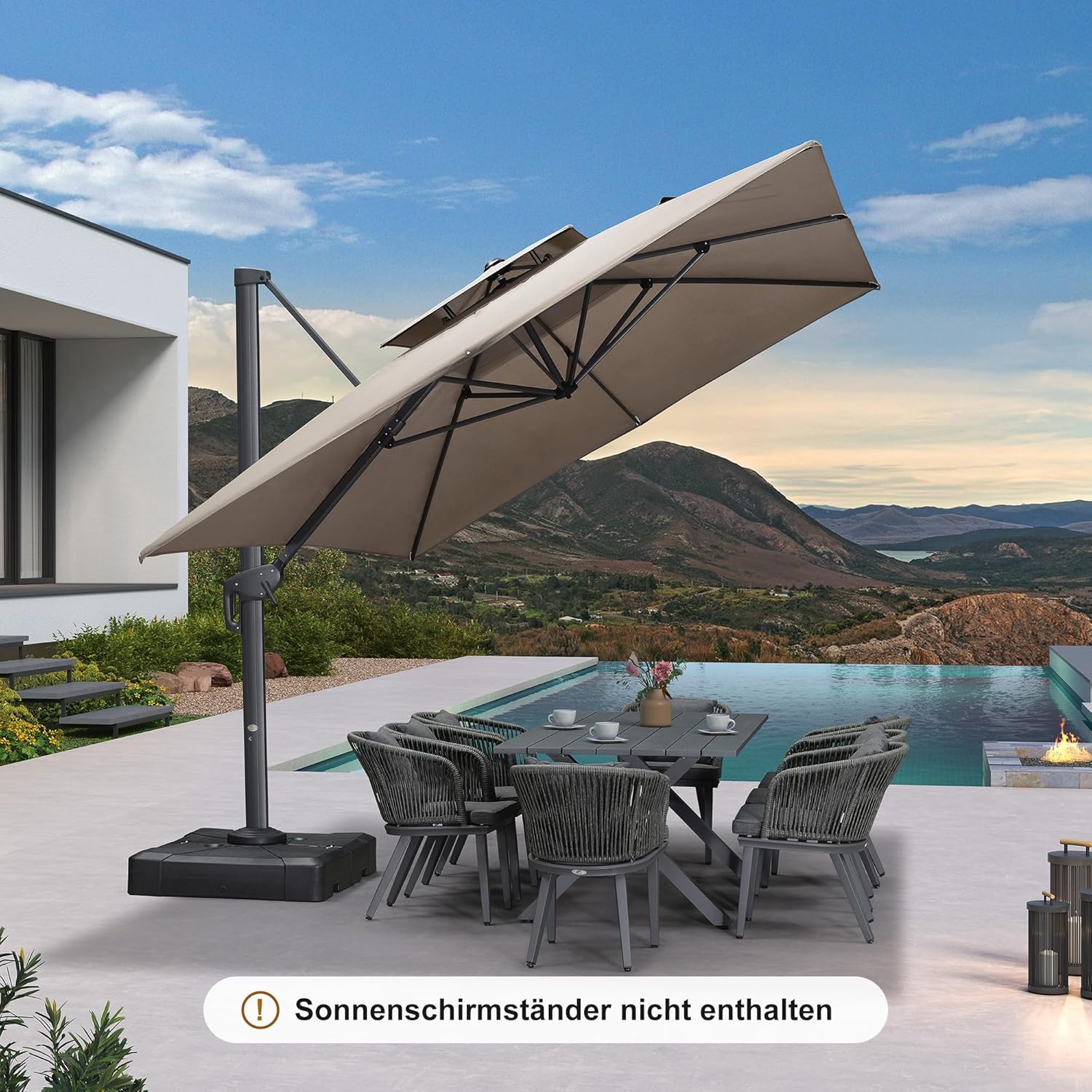 PURPLE LEAF Sonnenschirm 300 x 400 cm Ampelschirm Rechteckig mit Kurbel und Doppeldach, Gartenschirm Groß Wasserabweisend farbecht für Terrasse Deck Schwimmbad, Asch Mokka