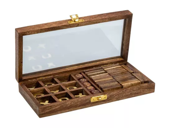 Jeu 3 en 1 (domino+dés+morpion) dans une boîte en bois marron 28x13x4,5h