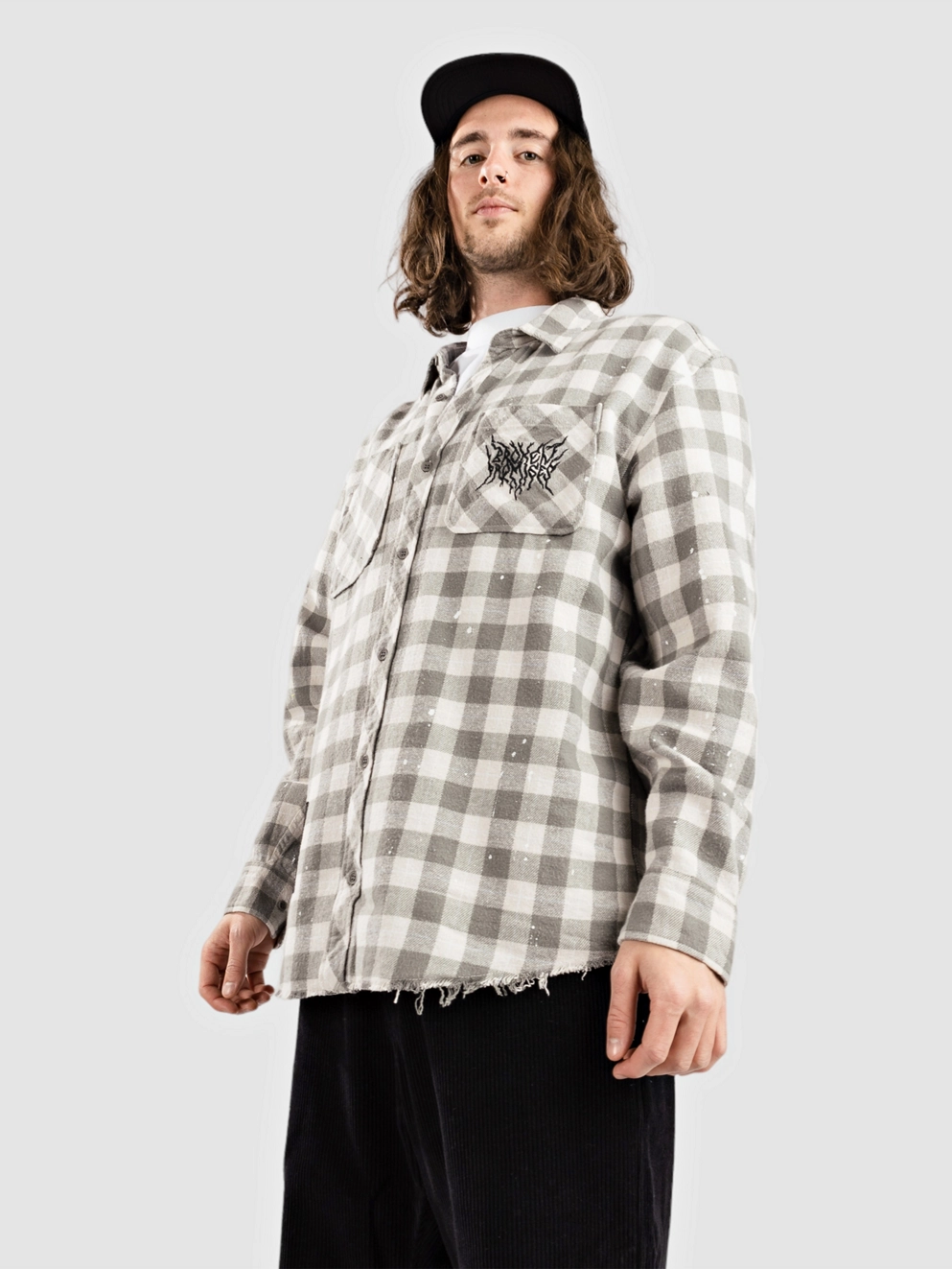 Broken Promises Corn Snake Spatter Distressed Flannel Shirt grey