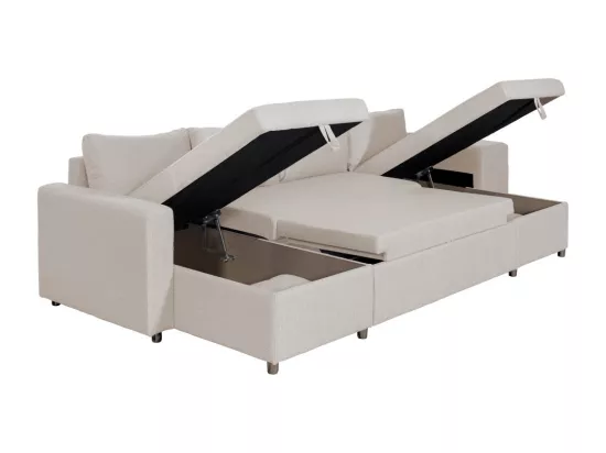 Canapé d'angle panoramique Oslo convertible avec coffres et poufs à droite - Tissu - Beige - L311 x P146 x H81cm - Loungitude