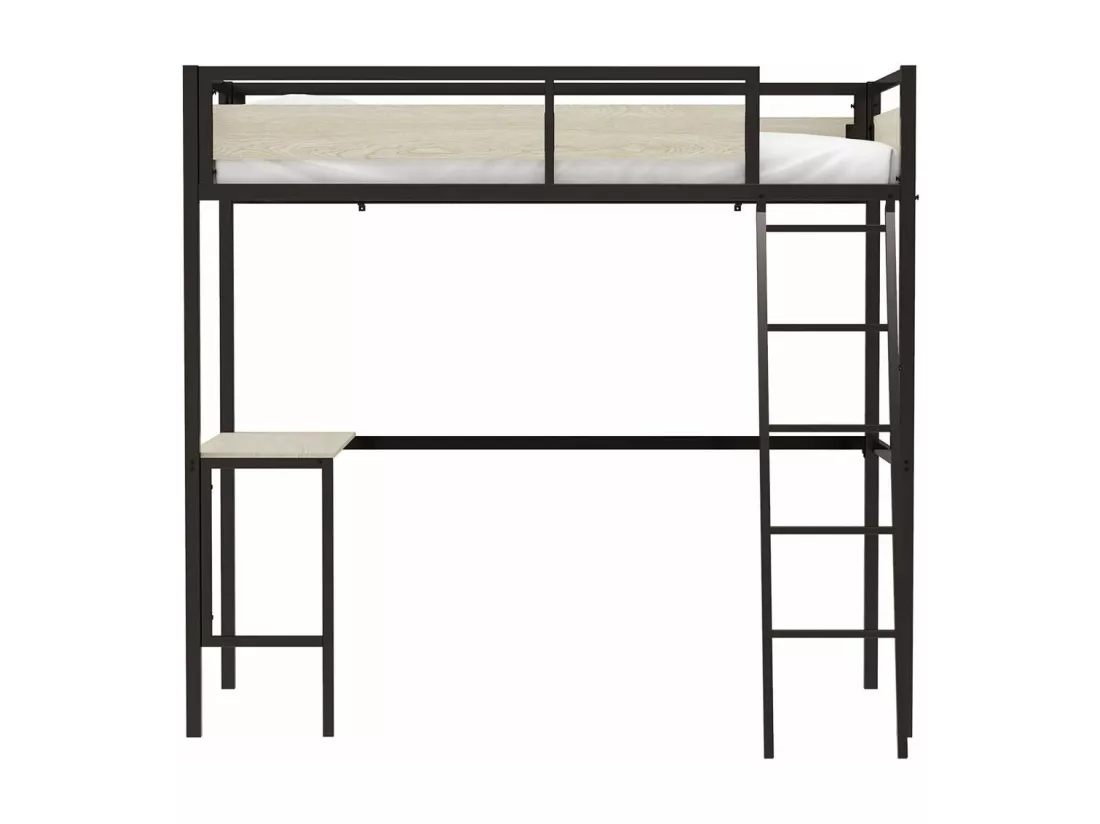 Lit mezzanine avec sommier et bureau en métal finition epoxy noire et mélamine imitation chêne - couchage 90 x 190 cm - DINO