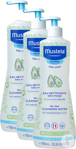 Pack de 3 Mustela Bébé Eau Nettoyante Sans Rinçage Peau Normale Flacon Pompe 750ml
