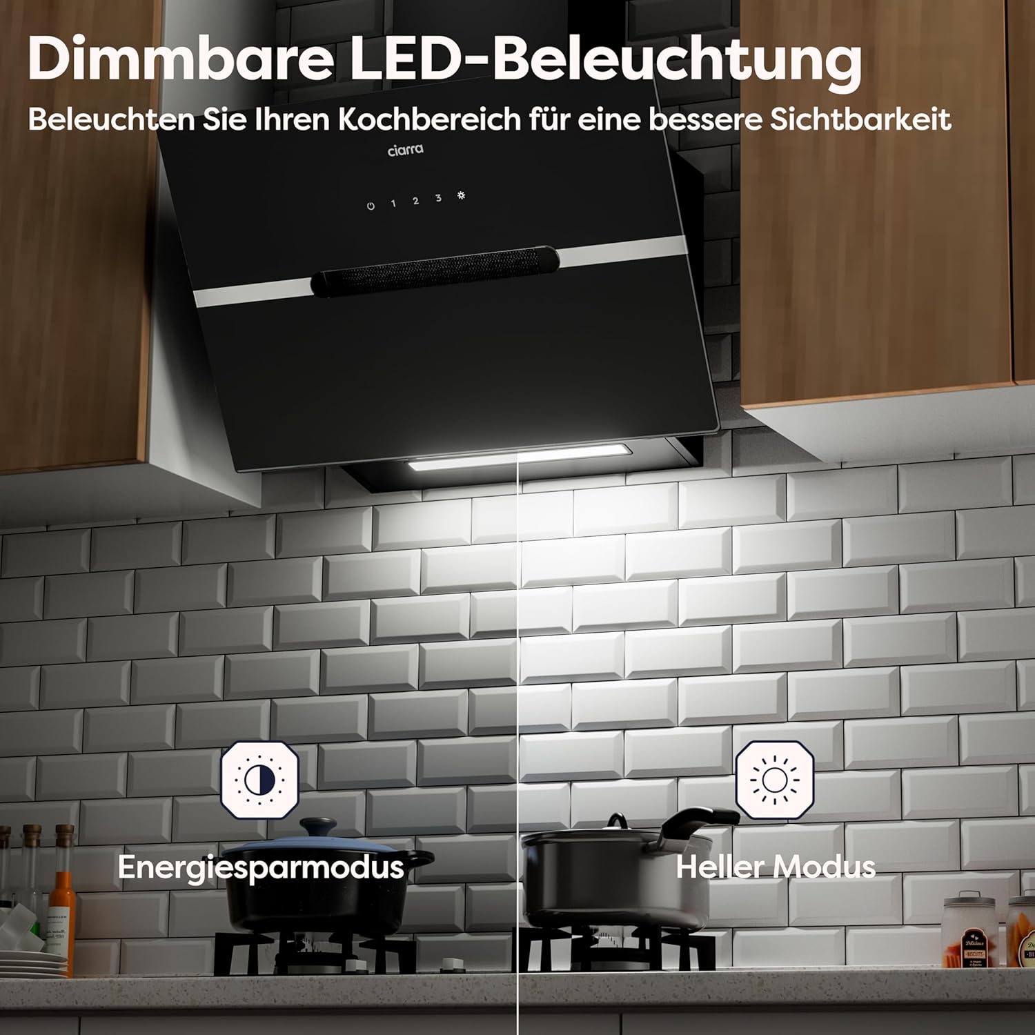 CIARRA CBCB6736F A+++ Dunstabzugshaube 60cm Umluft Kopffreie Schräghaube 650m³/h Wi-Fi App Touch-Bedienung Booster Abluft Dunstabzug LED-Beleuchtung mit CBCF003 Kohlefilter Schwarz
